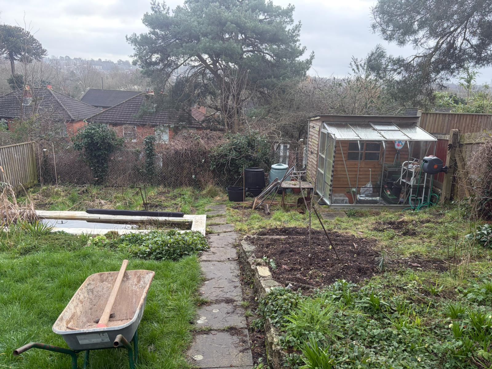 The garden before work began, overgrown grass and old sheds